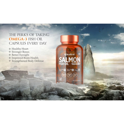 Nutrafirst Salmon Fish Oil Omega-3 Capsules (60 Softgels) (1000mg) | EPA 180mg & DHA 120mg | Supports Heart, Brain, Eye & Joint Health | No Fishy Burps | For Men & Women