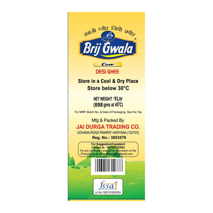 BRIJ GWALA Desi Cow Ghee |Made Traditionally From Curd |Pure Cow Ghee for Better Digestion and Immunity, 1L