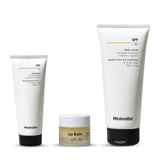 Minimalist Sun Protection & Anti Tanning Body Care Kit for All Skin Types | UV Protection by SPF 50 Sunscreen PA+++ (50 gm) for Face with No White Cast , Nourishing Skin by SPF 30 Body Lotion (150 gm) & SPF 30 Lip Balm (8 gm)
