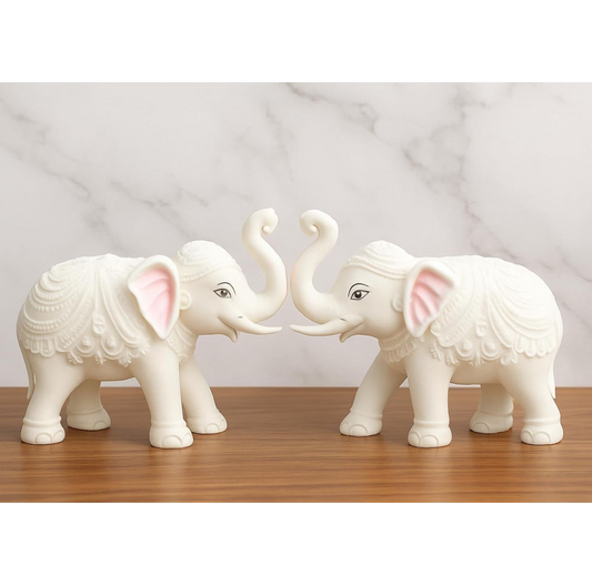 Pack of 2 White Elephant Showpieces Home Decor for Living Room, Table, Shelf, Elephant Marble Resin Statue for Vastu, Feng Shui, Office Decor, Gifting 3 inch