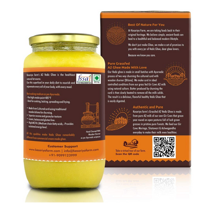 Vedic Ghee Premium A2 Gir Cow Cultured Desi Ghee from Kesariya Farm | Vedic Bilona Two Way Churned | Indian Gir Cow Ghee, Pure A2 Ghee, Natural & Healthy, Non-GMO | Lab Certified