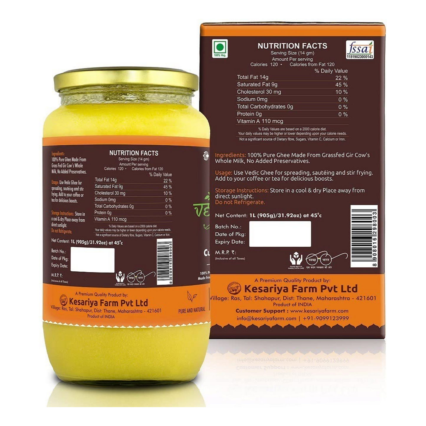 Vedic Ghee Premium A2 Gir Cow Cultured Desi Ghee from Kesariya Farm | Vedic Bilona Two Way Churned | Indian Gir Cow Ghee, Pure A2 Ghee, Natural & Healthy, Non-GMO | Lab Certified