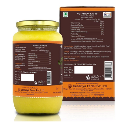 Vedic Ghee Premium A2 Gir Cow Cultured Desi Ghee from Kesariya Farm | Vedic Bilona Two Way Churned | Indian Gir Cow Ghee, Pure A2 Ghee, Natural & Healthy, Non-GMO | Lab Certified