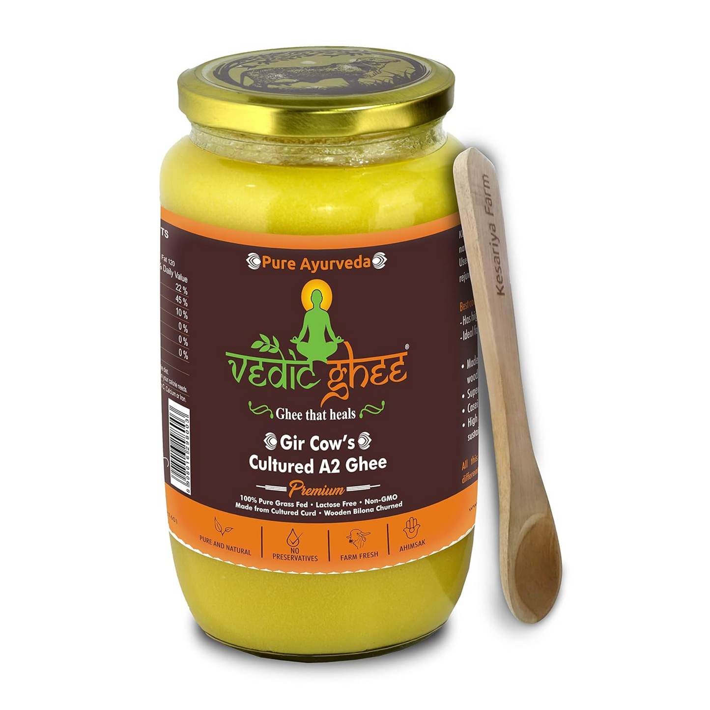 Vedic Ghee Premium A2 Gir Cow Cultured Desi Ghee from Kesariya Farm | Vedic Bilona Two Way Churned | Indian Gir Cow Ghee, Pure A2 Ghee, Natural & Healthy, Non-GMO | Lab Certified