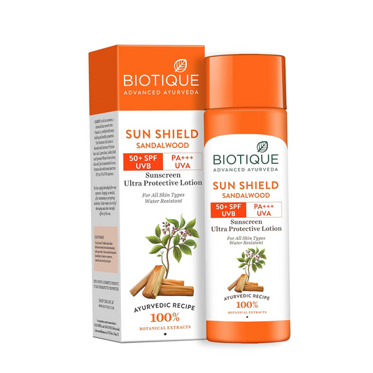 Biotique Sun Shield Sandalwood sunscreen lotion and packaging on a white background