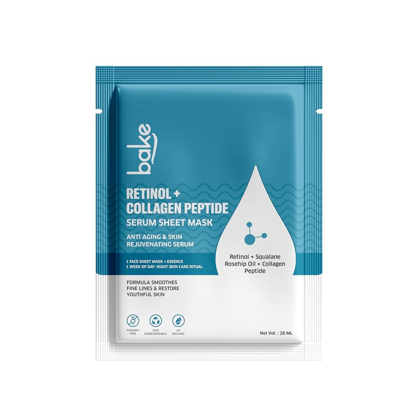 Bake 1% + Collagen Peptide Sheet Mask For Anti Aging, Skin Tightening & Wrinkles | Paraben Free, 100% Biodegradable (20.00 g)