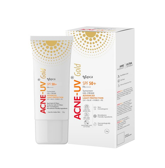 Ipca ACNE-UV Gold SPF 50 Sun Protection Gel | Advanced UV Defense | Fast-Absorbing & Comfortable Wear | 50g
