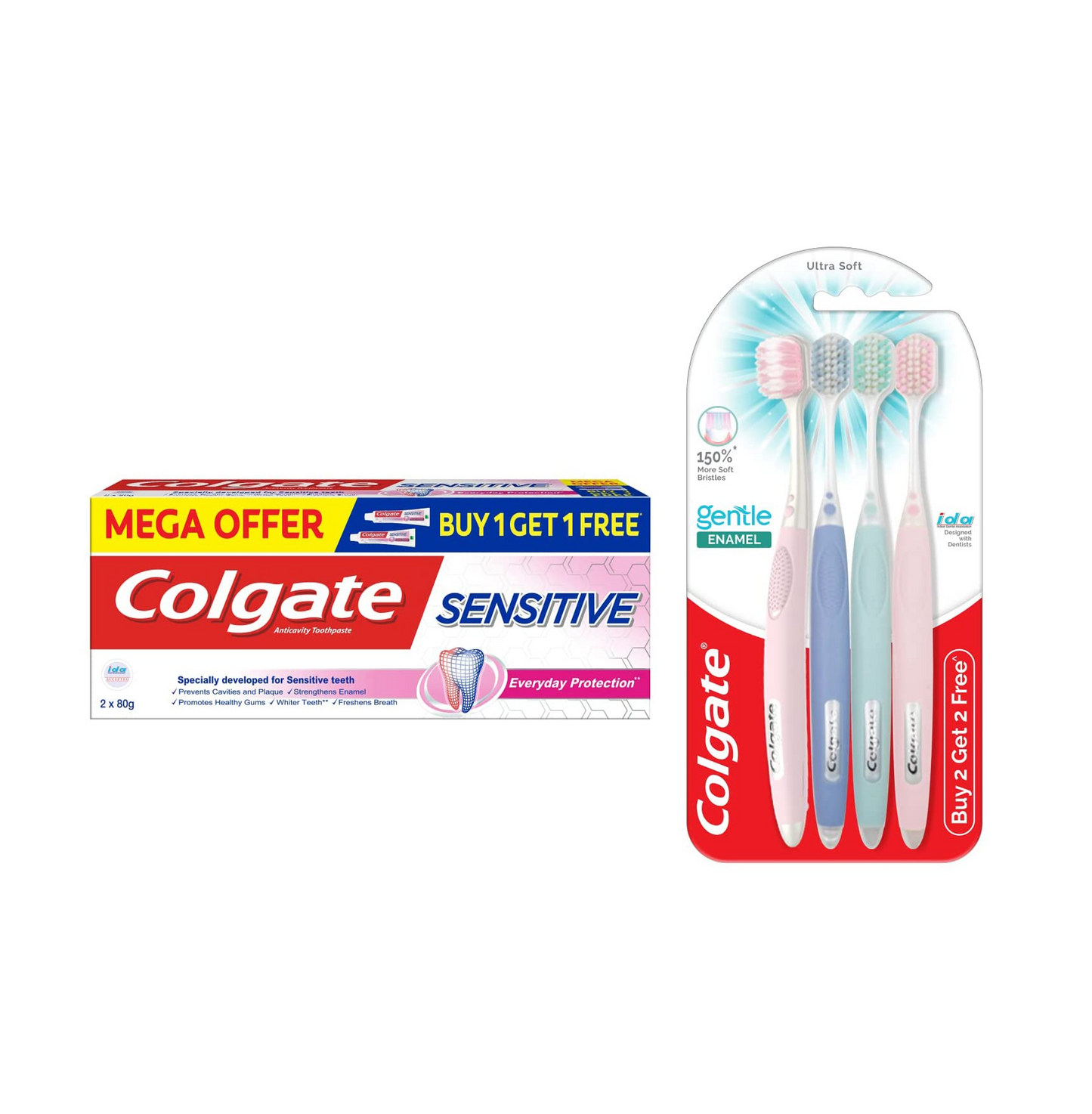 Colgate Gentle Enamel Ultra Soft Bristles Manual Toothbrush For Adults, 4 Pcs & Sensitive Everyday Protection Toothpaste, Twin Pack Of 160G (80G X 2), Assorted