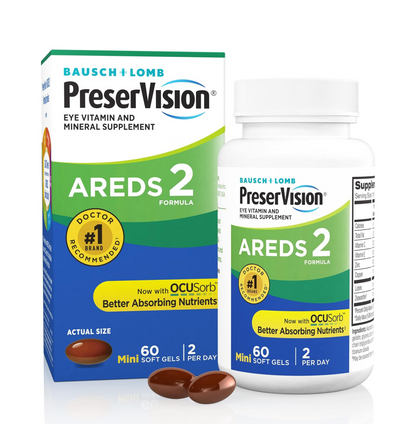 Bausch & Lomb PreserVision AREDS 2 Formula supplement packaging and bottle on a white background