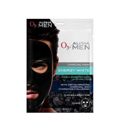 O3+ ALPHA MEN Energy White Charcoal Face Sheet Mask 30g with Charcoal & Hydrating Hyaluronic to Purify & Brighten Skin