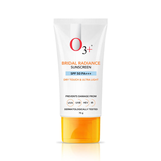 O3+ Bridal Radiance Sunscreen SPF 50 PA +++ Dry Touch & Ultra Light Non-greasy and leaves no white cast Prevents Damage From UVA | UVB | HEV | IR | Dermatologist Tested | 75g