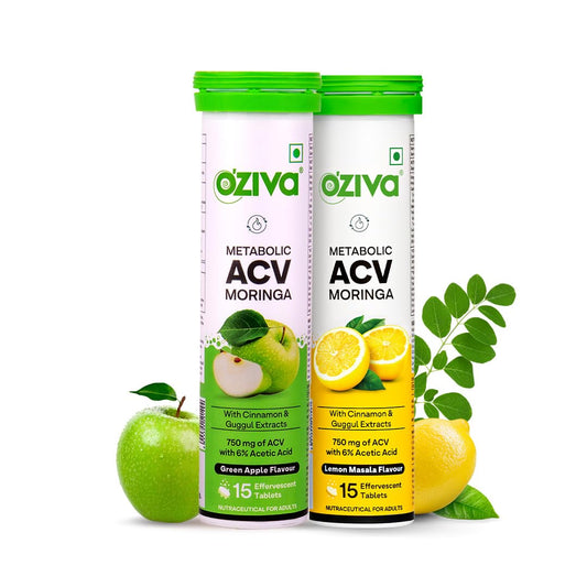 OZiva ACV Moringa | Control Cravings I Apple Cider Vinegar, Cinnamon I No Maltodextrin & No Added Sugar I 15 Effervescent Lemon Masala & Green Apple, Pack of 2 (30 Tablets)