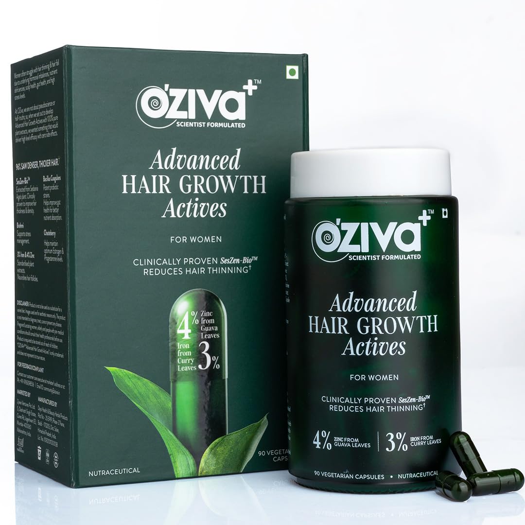 OZiva+ Advanced Hair Growth Actives | Reduces Thinning Hair & Improves Scalp Coverage | Scientist Formulated with Pure Plant Actives | No side effects for Women | 90 Caps