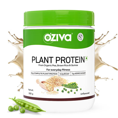 OZiva Plant Protein for Everyday Fitness | 30g Protein - Pea Isolate | Complete Plant Protein Powder | No Added Sugar, Certified Clean & Vegan (Unflavoured, 500g)