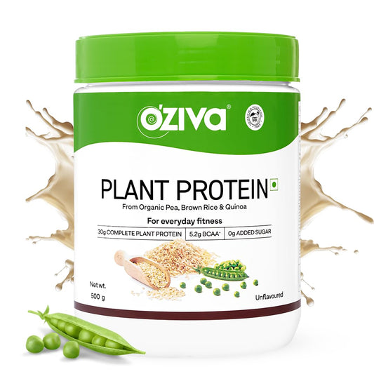 OZiva Plant Protein for Everyday Fitness | 30g Protein - Pea Isolate | Complete Plant Protein Powder | No Added Sugar, Certified Clean & Vegan (Unflavoured, 500g)