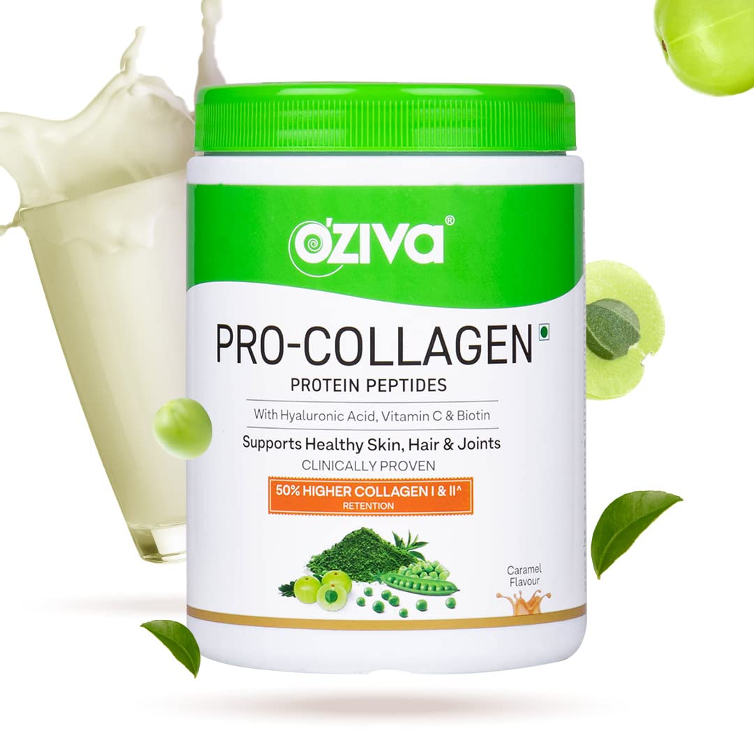 OZiva Pro Collagen Peptides Caramel, 250g (Type I & Type II) | Whey Protein & Collagen Builder Peptides for Healthy Skin & Hair Muscular & Joint Health | Powder for Women & Men, Caramel, Pack of 1