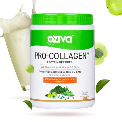 OZiva Pro Collagen Peptides Caramel, 250g (Type I & Type II) | Whey Protein & Collagen Builder Peptides for Healthy Skin & Hair Muscular & Joint Health | Powder for Women & Men, Caramel, Pack of 1