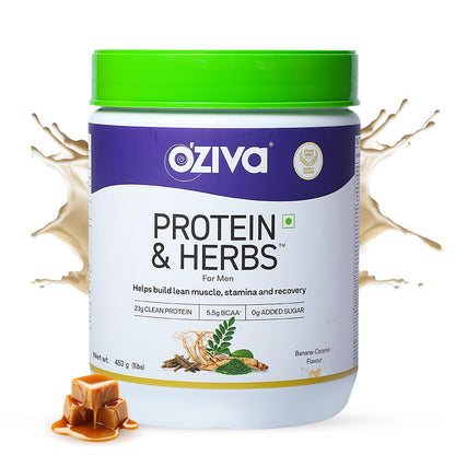 OZiva Protein & Herbs for Men (Banana Caramel) I Muscle Building, Stamina & Recovery | Clean Protein, Shatavari, Green Tea I No Added Sugar, 1lbs (453gm)