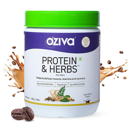 OZiva Protein & Herbs for Men (Cafe Mocha) I Muscle Building, Stamina & Recovery | Clean Protein, Shatavari, Green Tea I No Added Sugar, 1lbs (453gm)