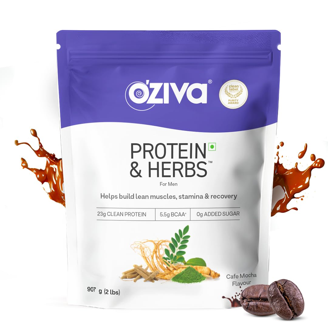 OZiva Protein & Herbs for Men (Cafe Mocha) I Muscle Building, Stamina & Recovery | Clean Protein, Shatavari, Green Tea I No Added Sugar, 2lbs (907 gm)