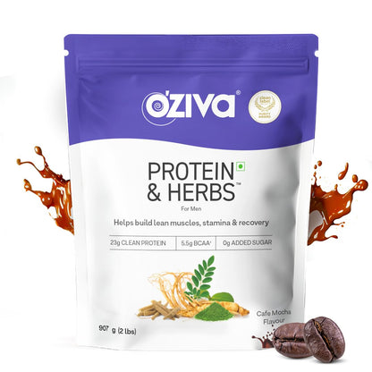 OZiva Protein & Herbs for Men (Cafe Mocha) I Muscle Building, Stamina & Recovery | Clean Protein, Shatavari, Green Tea I No Added Sugar, 2lbs (907 gm)