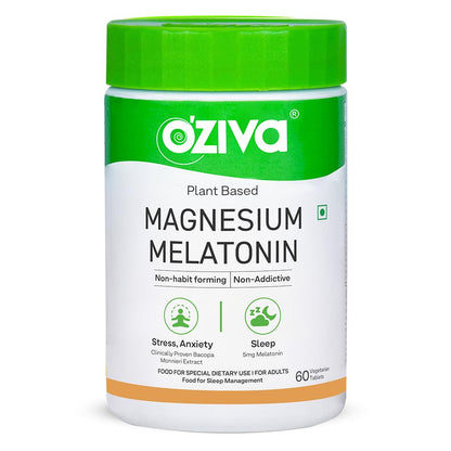 Oziva Magnesium Melatonin For Stress, Anxiety & Sleep | With Bacopa Monnieri Extract | Non-Addictive, Non-Habit Forming | 60 Vegetarian Tablets