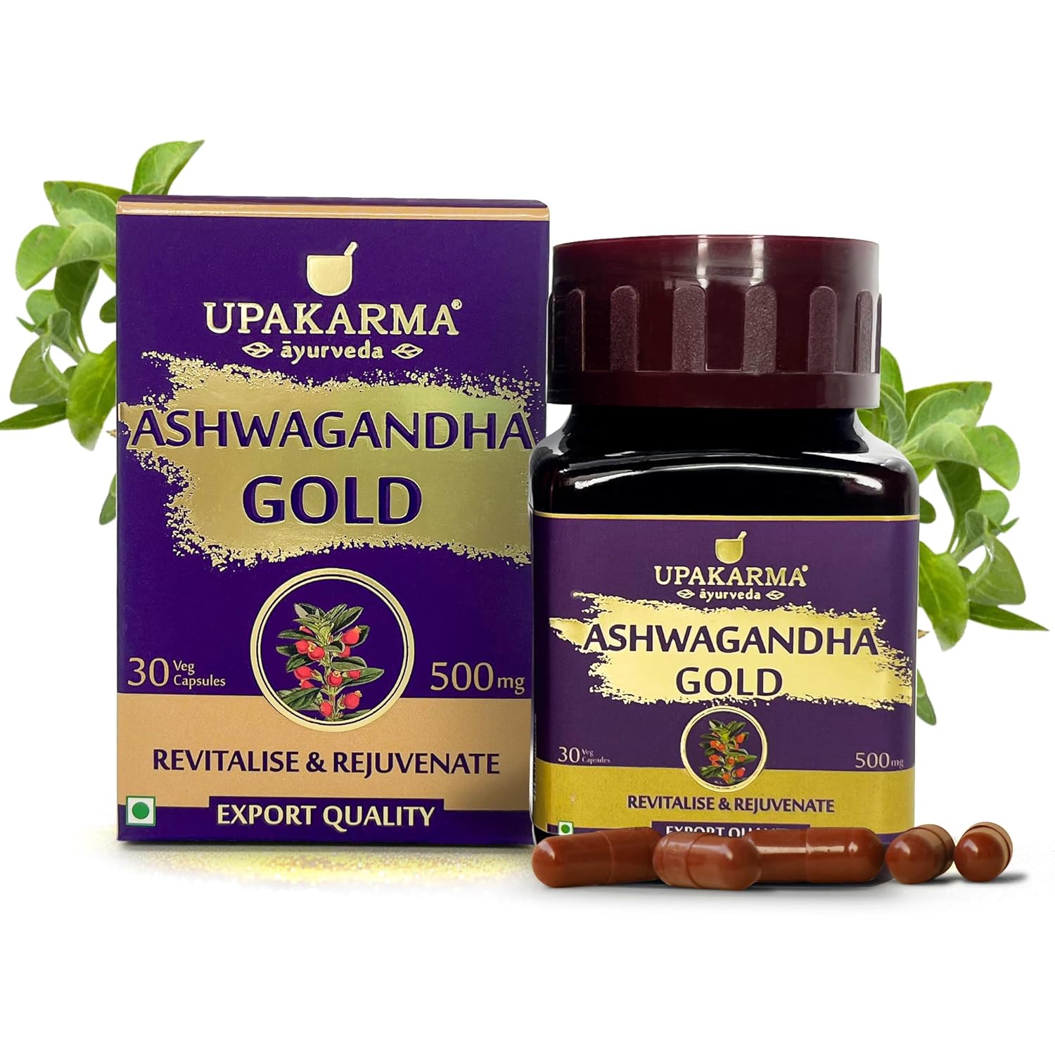 Upakarma Ashwagandha Gold 30 Capsules | Contains Gold | Ashwagandha Root Extract, Brahmi, Shigru and Other Action Herbs | Helps in Stress & Sleep Management