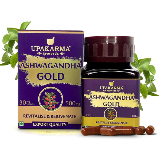 Upakarma Ashwagandha Gold 30 Capsules | Contains Gold | Ashwagandha Root Extract, Brahmi, Shigru and Other Action Herbs | Helps in Stress & Sleep Management