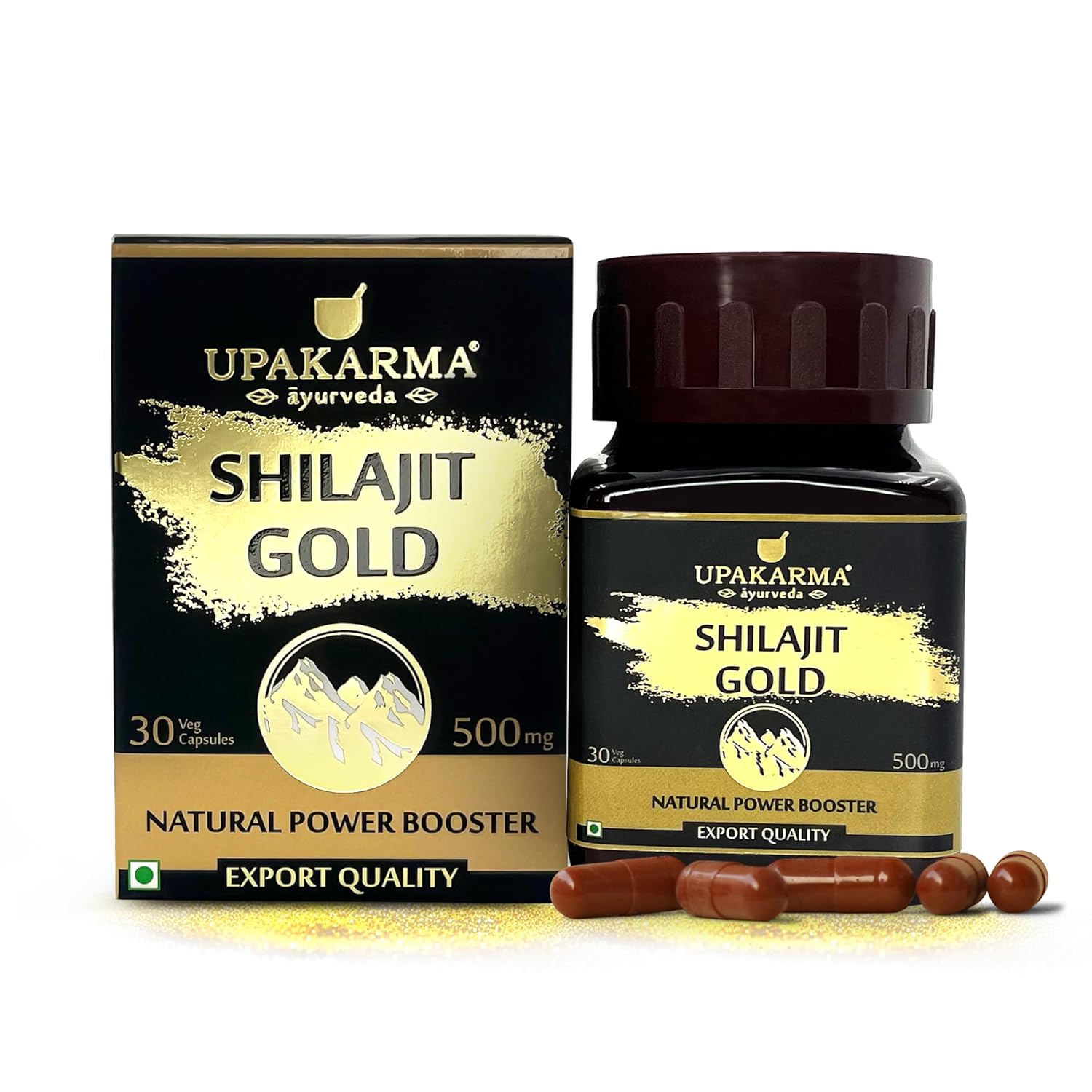 Upakarma Shilajit Gold 30 Capsules | Contains Gold | For Power, Stamina, Muscle Growth & Energy | Ashwagandha, Gokshura, Kali Musali & Other Action Herbs (Pack of 2)