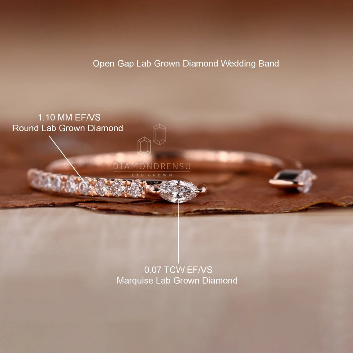 Rose gold wedding band with lab-grown diamonds on a brown fabric background