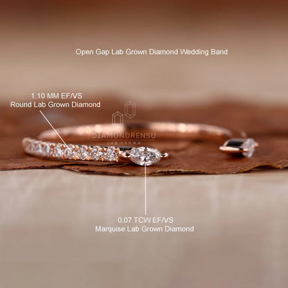 Rose gold wedding band with lab-grown diamonds on a brown fabric background