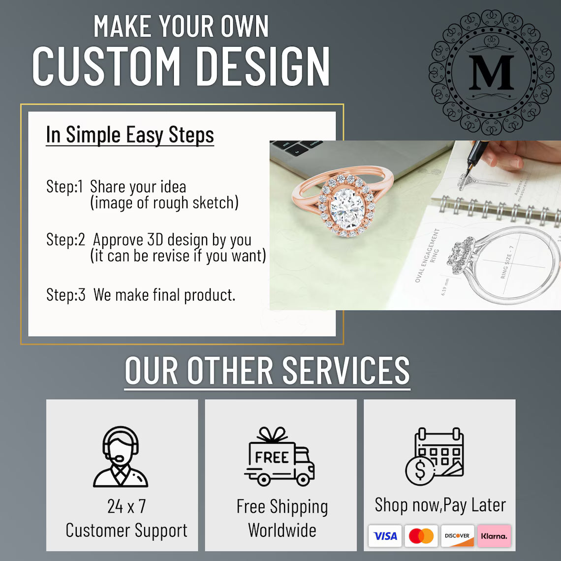Promotional graphic for a custom design service with jewelry illustration and contact information.