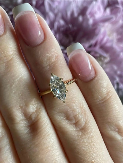 Marquise cut moissanite ring. Yellow gold vermeil, Sterling Silver 925 Marquise engagement ring with 2 carat CZ diamond or moissanite