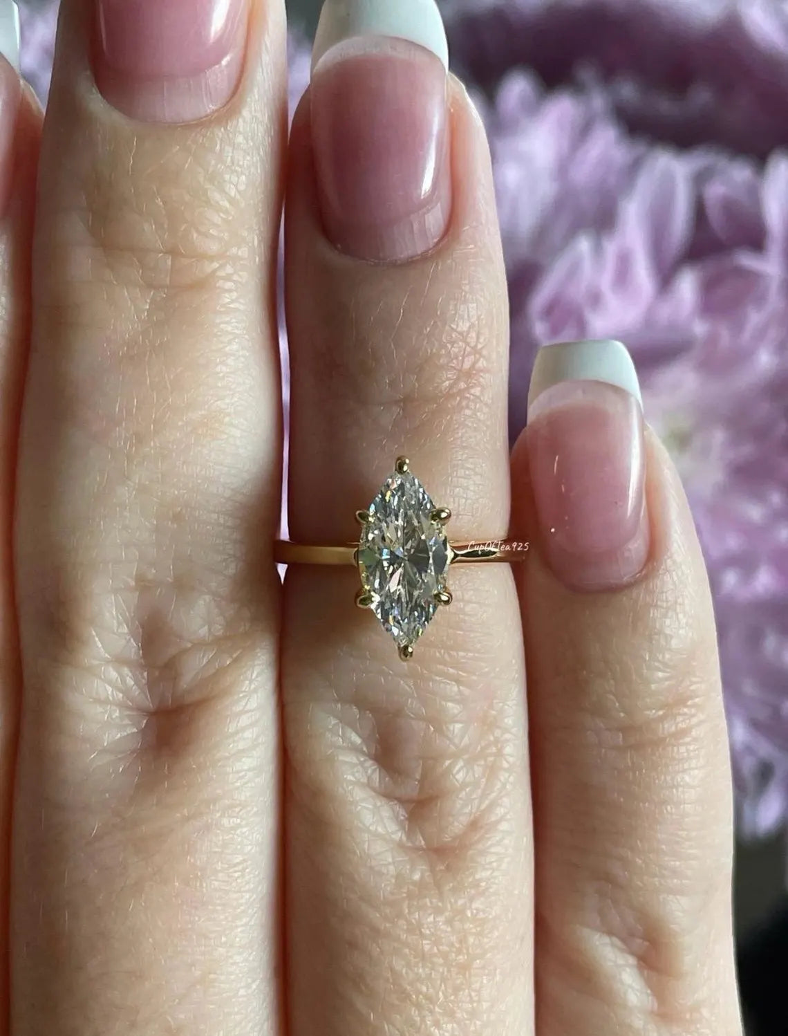 Marquise cut moissanite ring. Yellow gold vermeil, Sterling Silver 925 Marquise engagement ring with 2 carat CZ diamond or moissanite