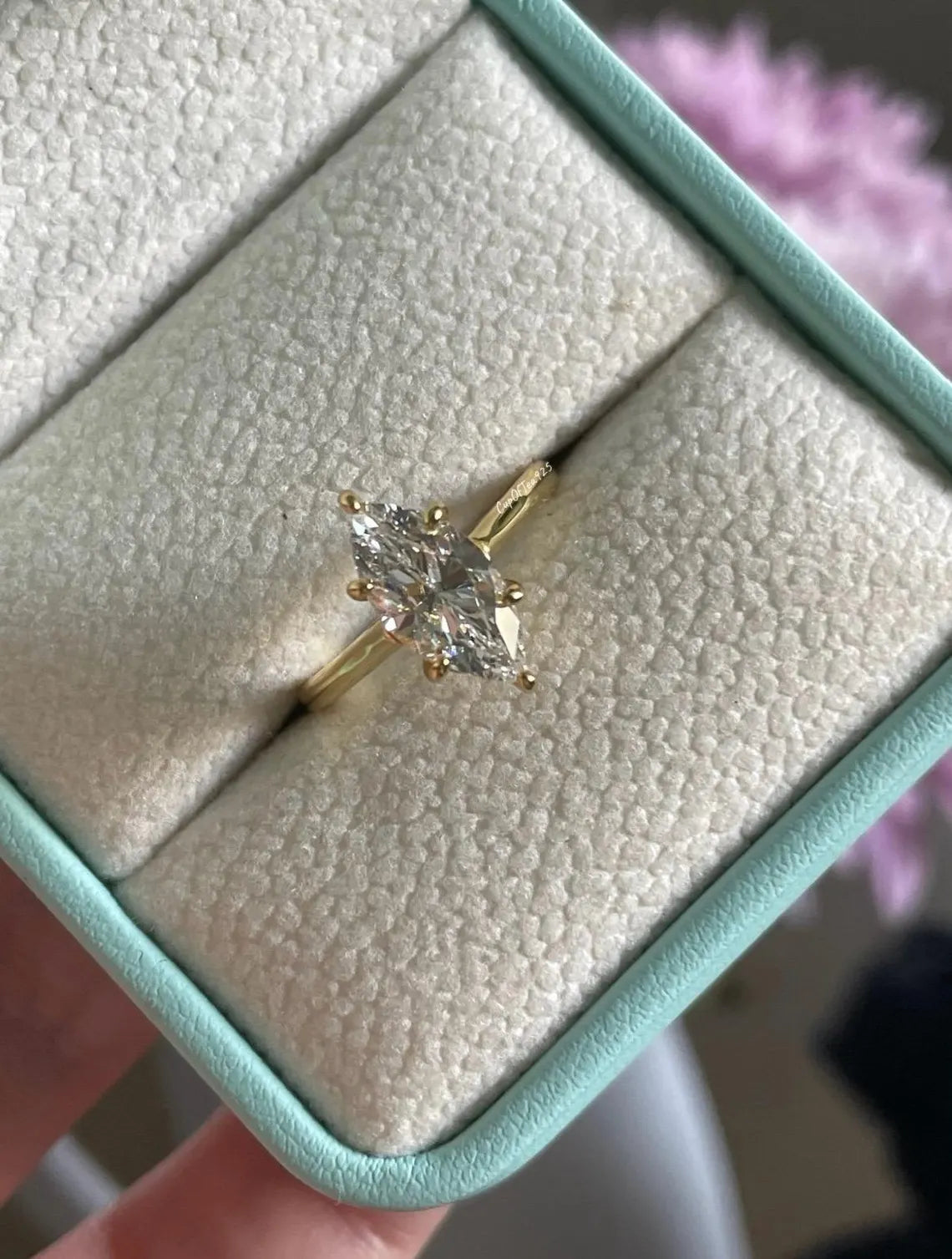 Marquise cut moissanite ring. Yellow gold vermeil, Sterling Silver 925 Marquise engagement ring with 2 carat CZ diamond or moissanite