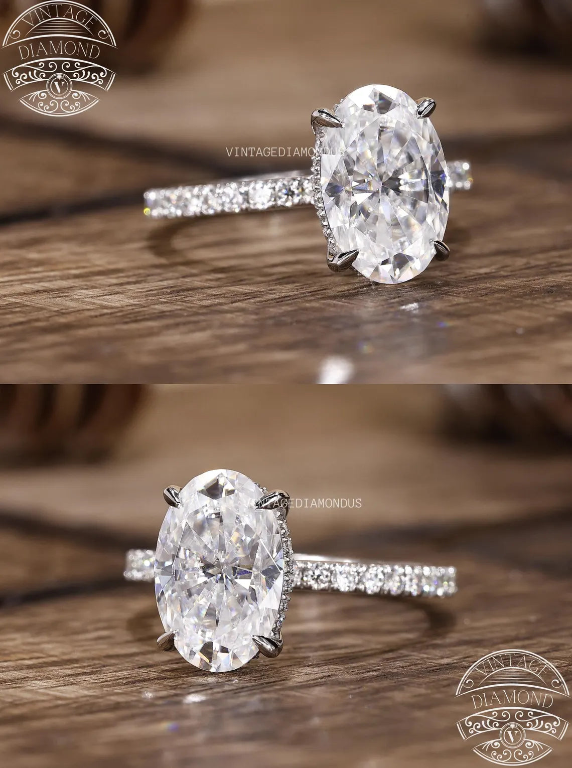 Pair of diamond earrings on a wooden surface with 'Vintage Diamond' branding.