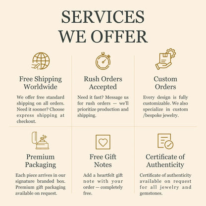 Services offered by a jewelry brand including free shipping, rush orders, custom orders, premium packaging, free gift notes, and certificate of authenticity.