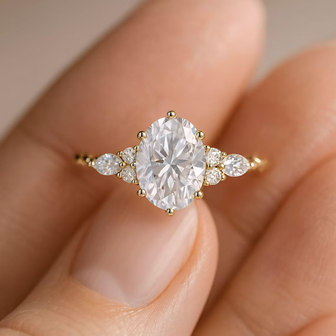 Gold ring with a large diamond held between fingers