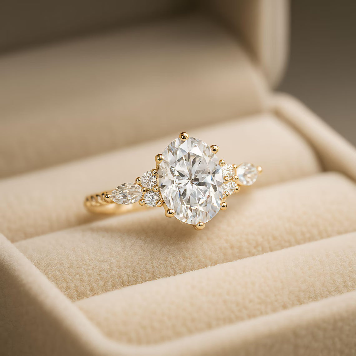 Gold diamond ring on a beige cushion in a jewelry box