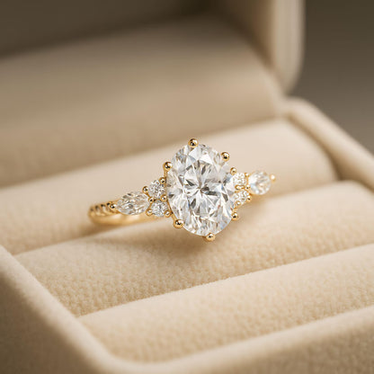 Gold diamond ring on a beige cushion in a jewelry box