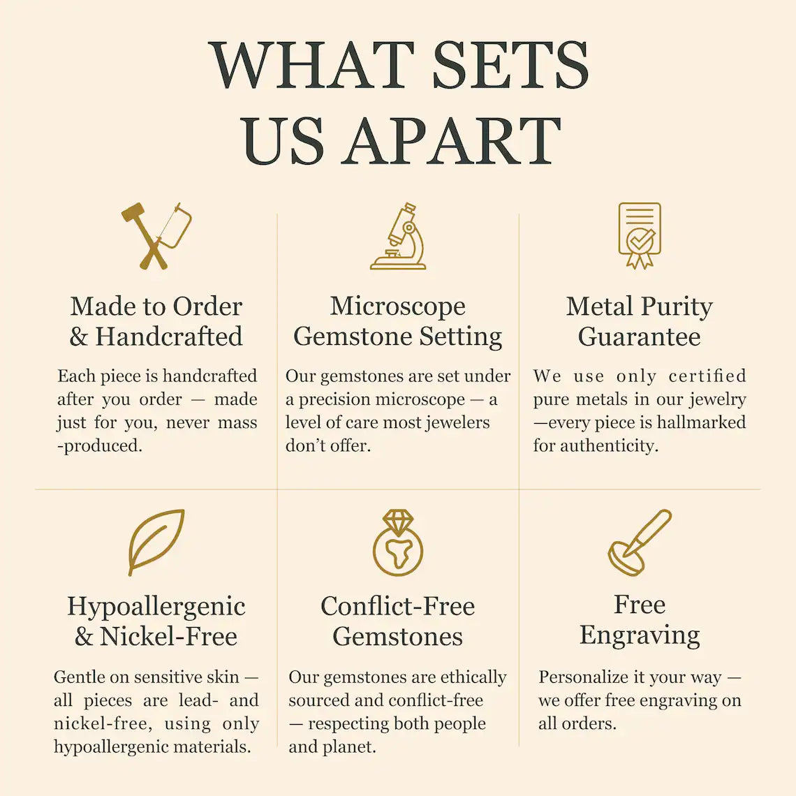 List of features that set a jewelry brand apart on a beige background
