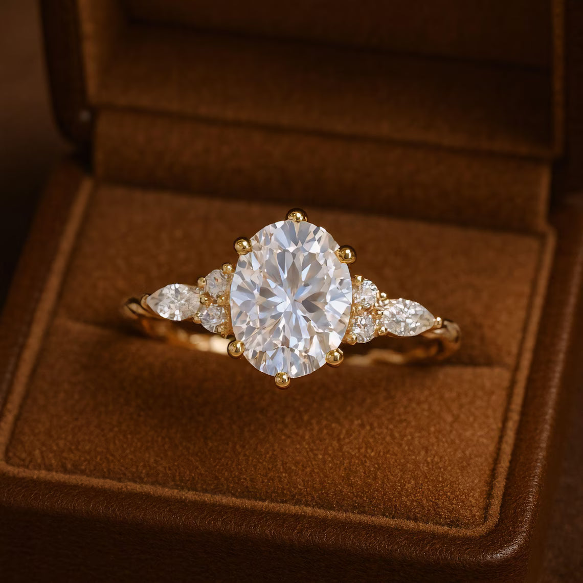 Gold ring with a large diamond and smaller diamonds on either side, displayed in an open brown jewelry box.