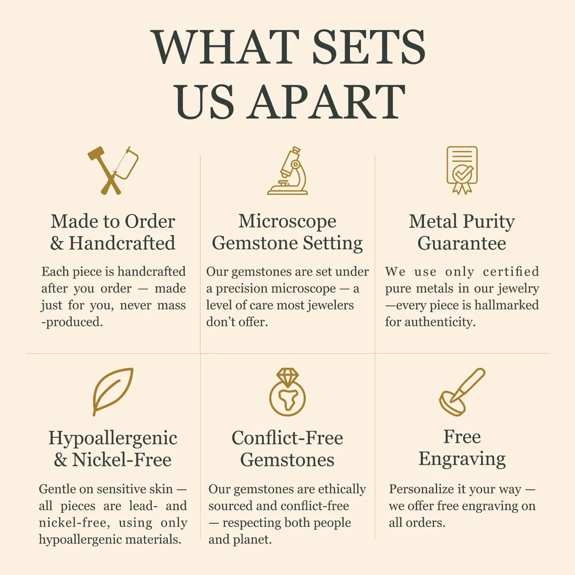 List of features that set a jewelry brand apart on a beige background