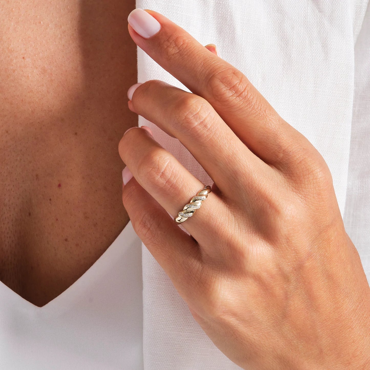 Croissant Dome Cluster Diamond Statement Ring, 14K Solid Gold Ribbed Signet Ring Moissanite Twisted Rope Wedding Band