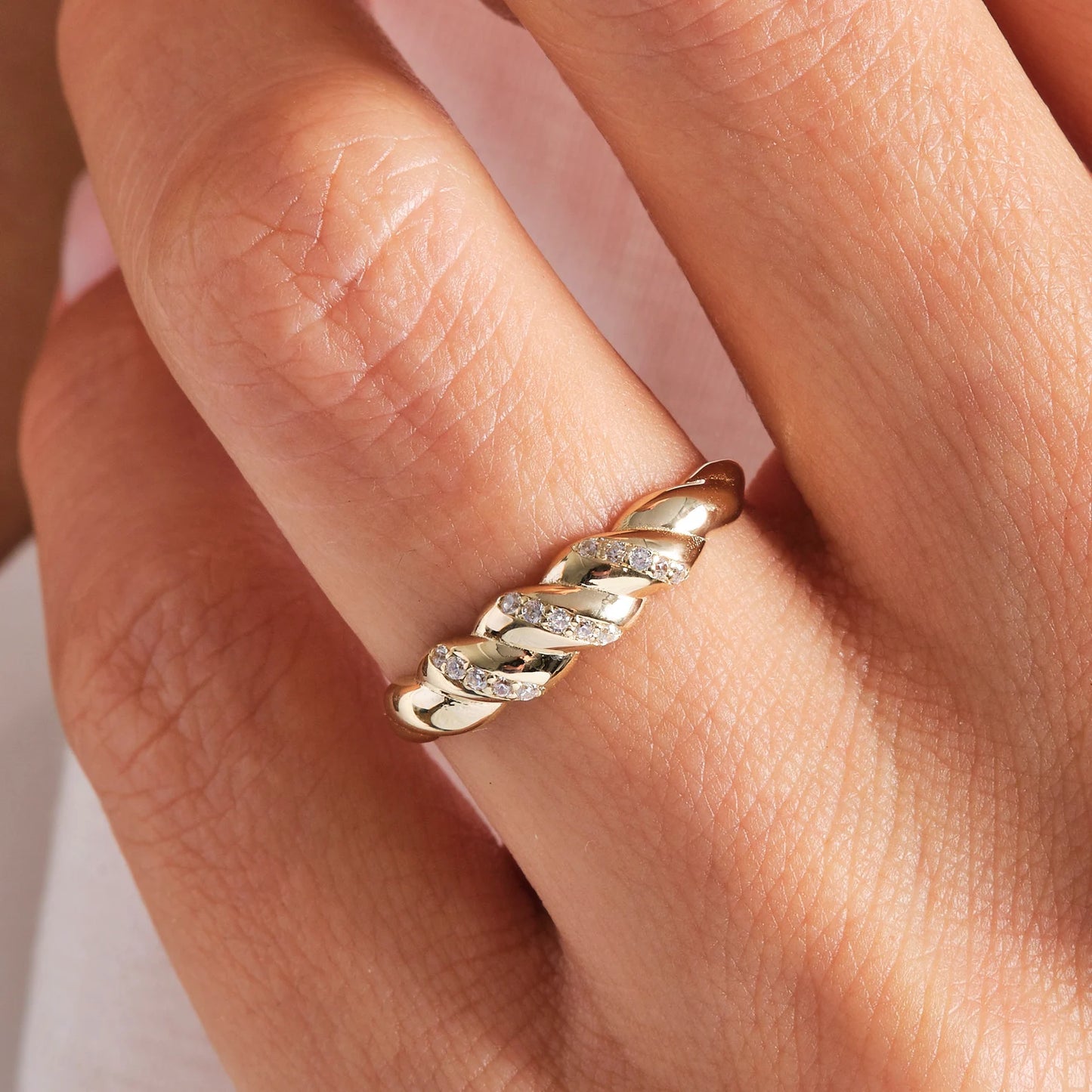 Croissant Dome Cluster Diamond Statement Ring, 14K Solid Gold Ribbed Signet Ring Moissanite Twisted Rope Wedding Band