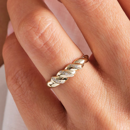 Croissant Dome Cluster Diamond Statement Ring, 14K Solid Gold Ribbed Signet Ring Moissanite Twisted Rope Wedding Band
