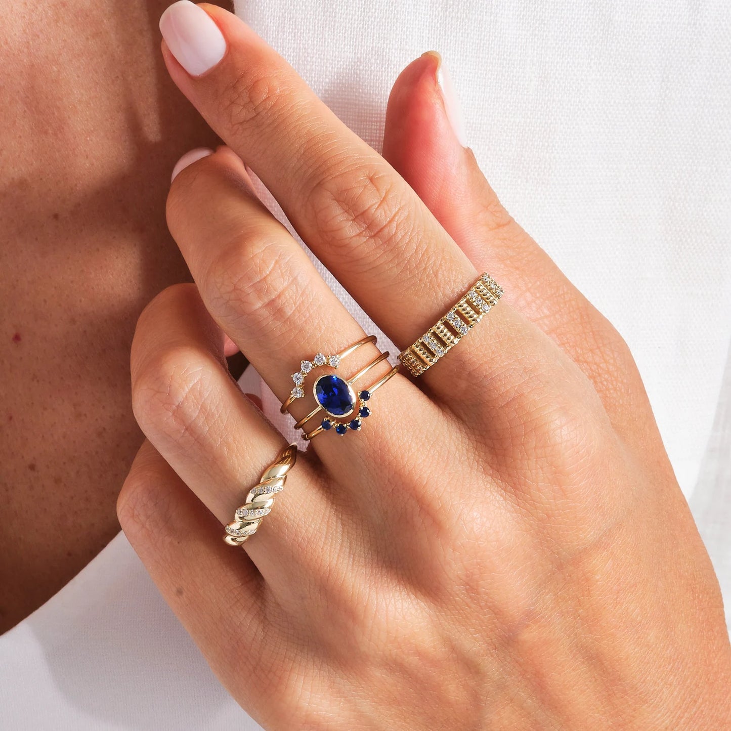 Croissant Dome Cluster Diamond Statement Ring, 14K Solid Gold Ribbed Signet Ring Moissanite Twisted Rope Wedding Band