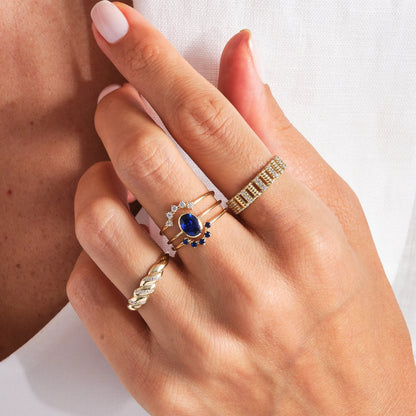 Croissant Dome Cluster Diamond Statement Ring, 14K Solid Gold Ribbed Signet Ring Moissanite Twisted Rope Wedding Band