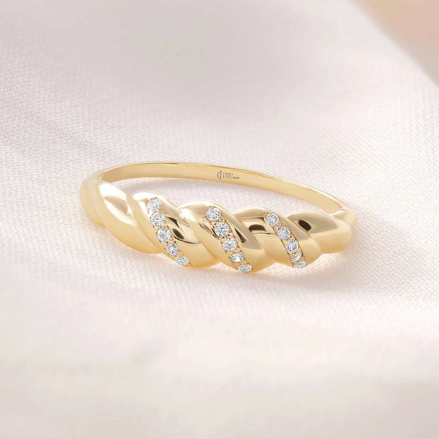 Croissant Dome Cluster Diamond Statement Ring, 14K Solid Gold Ribbed Signet Ring Moissanite Twisted Rope Wedding Band
