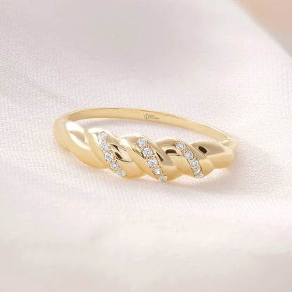Croissant Dome Cluster Diamond Statement Ring, 14K Solid Gold Ribbed Signet Ring Moissanite Twisted Rope Wedding Band